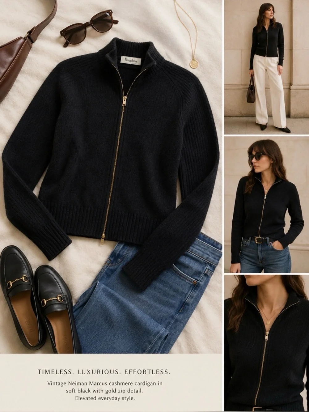 Vintage Neiman Marcus Black Cashmere Zip Cardigan Sweater Small